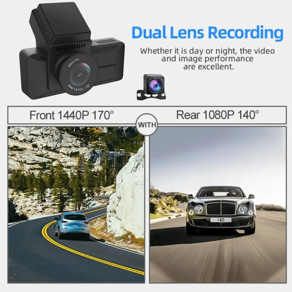 KQQ 1440P Wifi Dashcam Mini Car DVR Video Recorder with 24H Parking 1080P Rearview Camera Night Vision Black Box