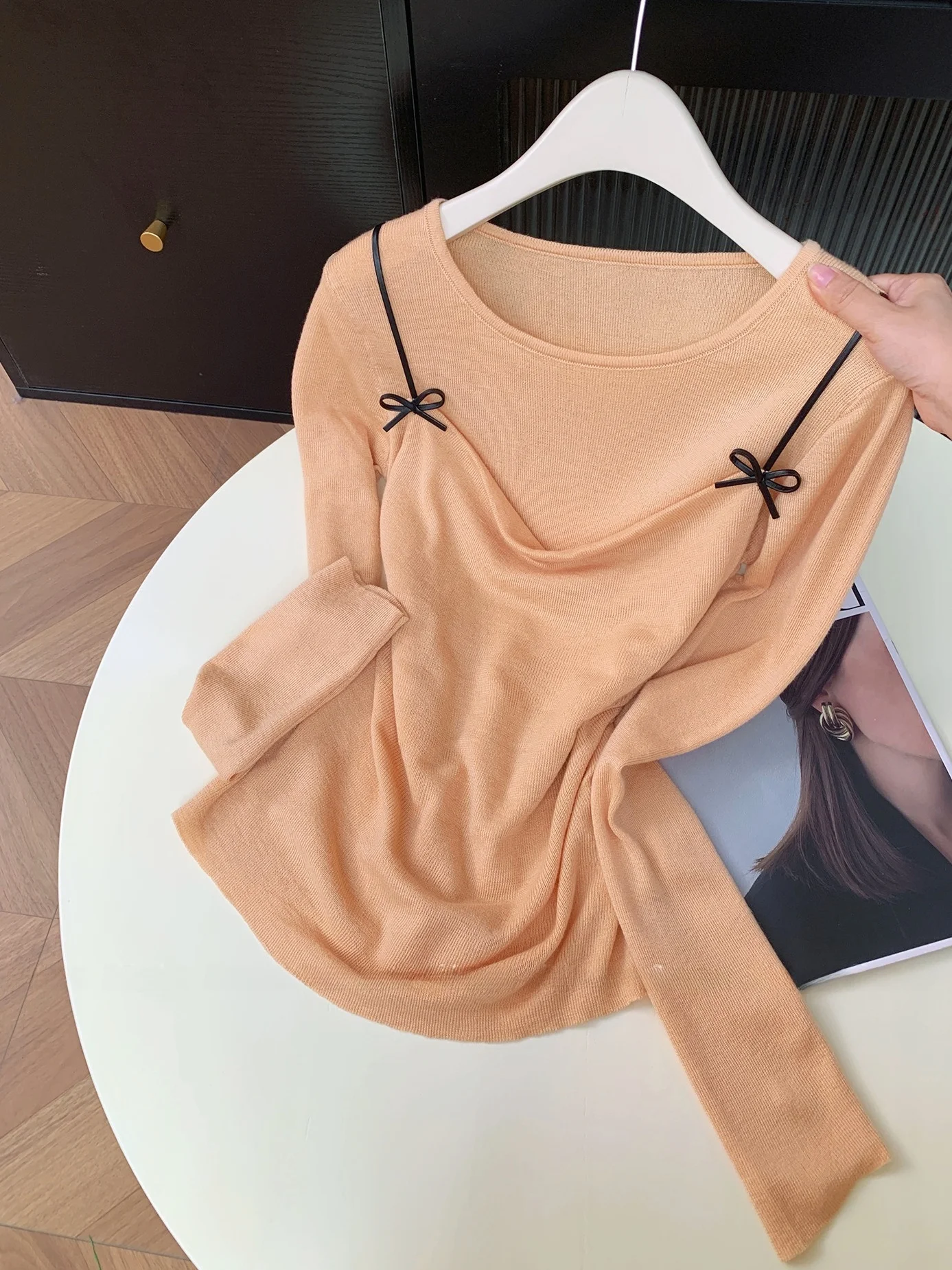 

Нежный корейский вязаный топ с узлом, приталенный, с длинными рукавами, женская базовая кофта, повседневная, из смесового шелка