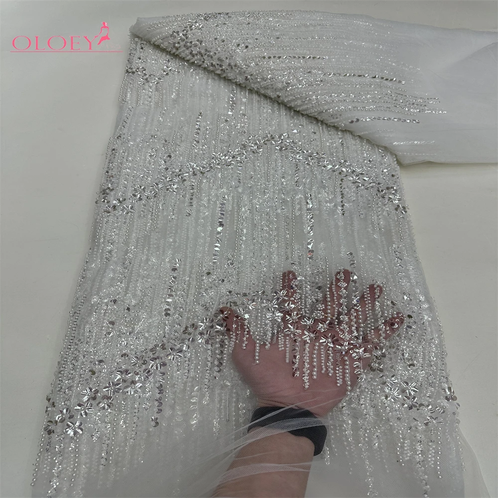 

Latest Hot Sale Fashion Africa Lace Fabric High Quality Handmade Embroidery Lace With Beads Sequins Party For Wedding Dress