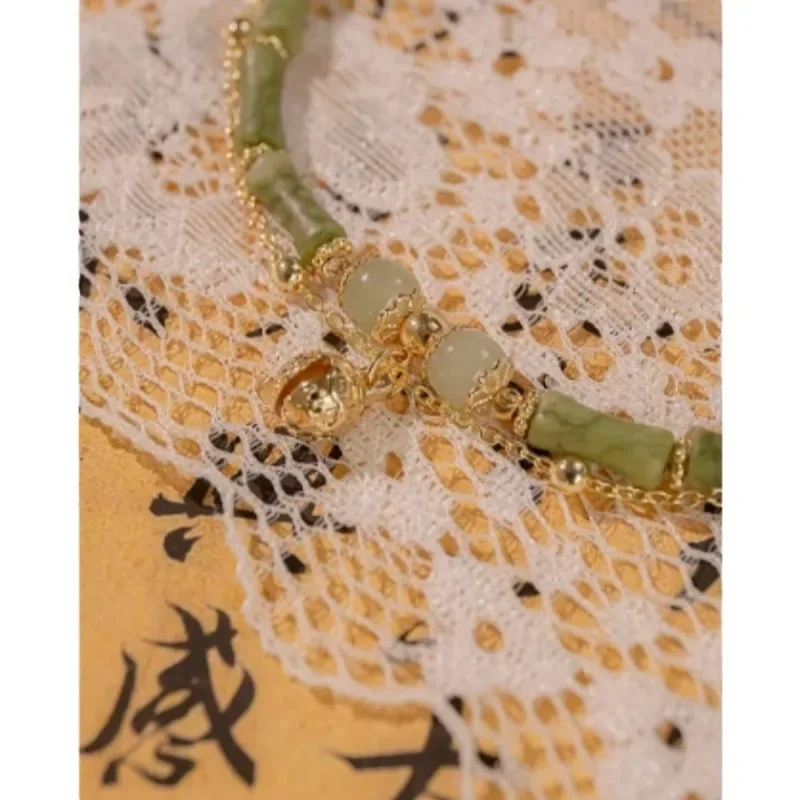 Chinese Natural Hotan Jade Olivine Bamboo Bracelet Women's Bell Antique Design Jewelry Gift