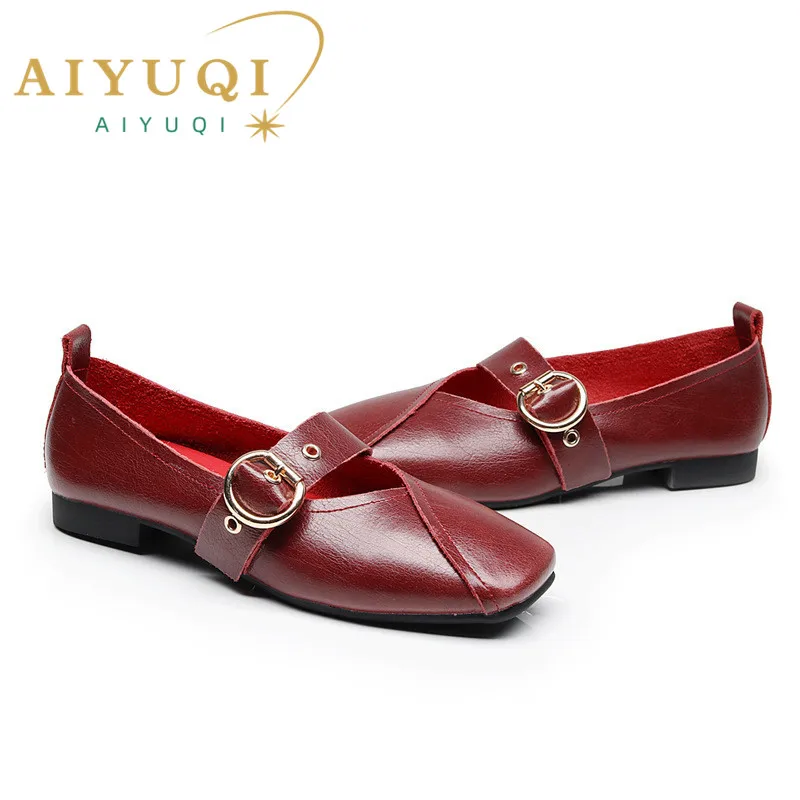 AIYUQI Ladies Spring Shoes 2024 New Genuine Leather Mother Flat Shoes Casual Large Size 41 42 43 Square Comfortable Women Shoes