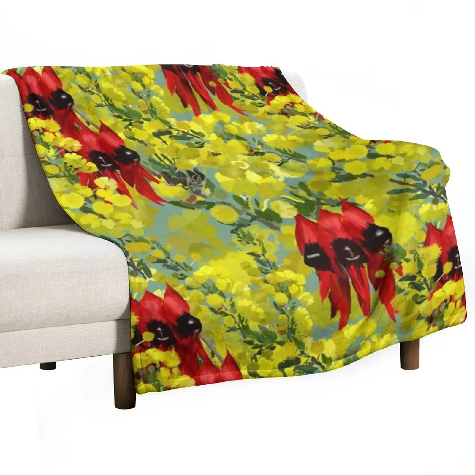 Wattle-It-Be' Wattle and Sturt Desert Pea Native Flower Seamless Textile Design Throw Blanket for babies for sofa Blankets