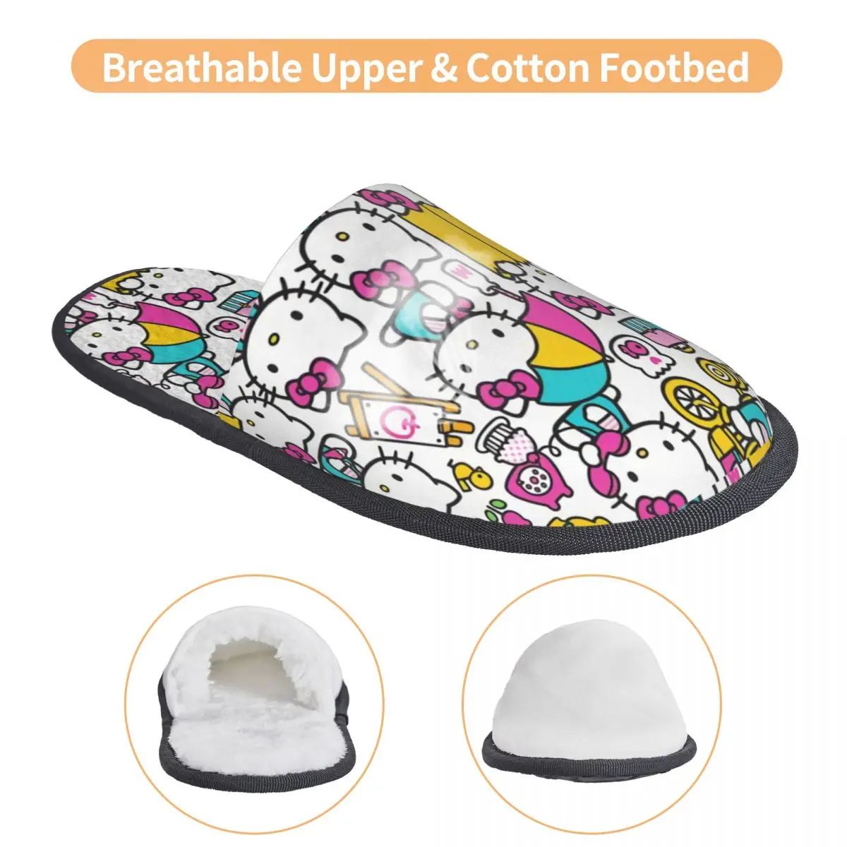 Zapatillas de casa de dibujos animados de Hello Kitty para mujer, zapatos suaves, cálidos, de espuma viscoelástica, esponjosos, con estampado personalizado, para interiores y exteriores