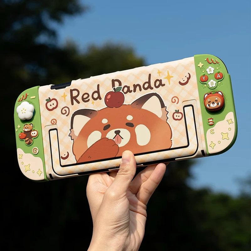 

Kawaii Silicone Protective Case and JoyCon Cover for Nintendo Switch 2/OLED with 1Pair Customized Thumb Grips Cute Red Panda