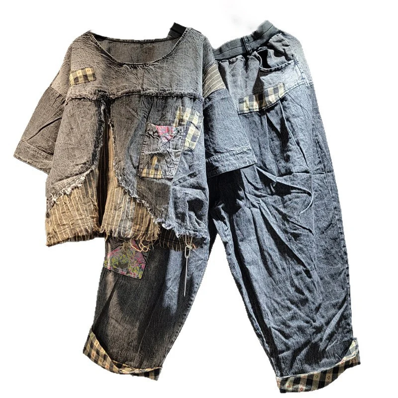 WTHT Vintage Fashion Women's Irregular Patchwork Denim Short Sleeve T-shirt Elastic Waist Harem Pants Female 2025 Summer 1LS1993