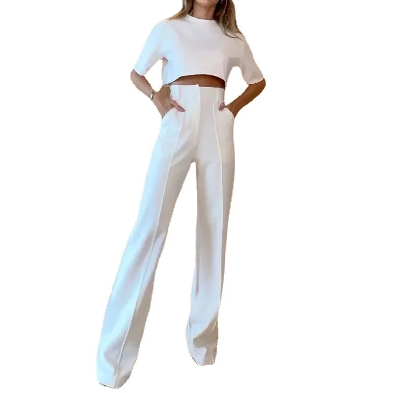Moda Spodnie z wysoką talią Dwuczęściowe zestawy Wiosna Lato Crop Up T Shirty Stroje Biuro Eleganckie Solidne Spodnie Garnitur Biały