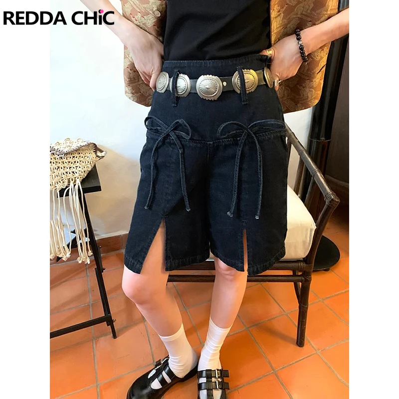 

ReddaChic Cute Bowknot Women Baggy Jeans Jorts Summer High Waist Straight Solid Casual Split Denim Short Pants Y2k Streetwear