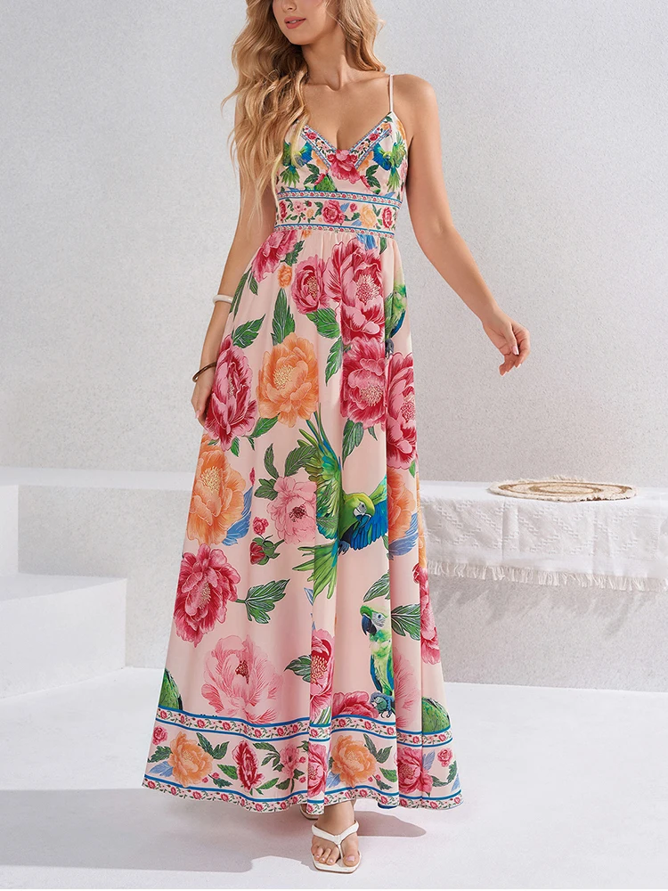 NewAsia Boho Floral Parrot Print Maxi Dress for Women Spaghetti Strap V Neck Backless Bow Long Dress Summer Casual Party Dresses - view 3