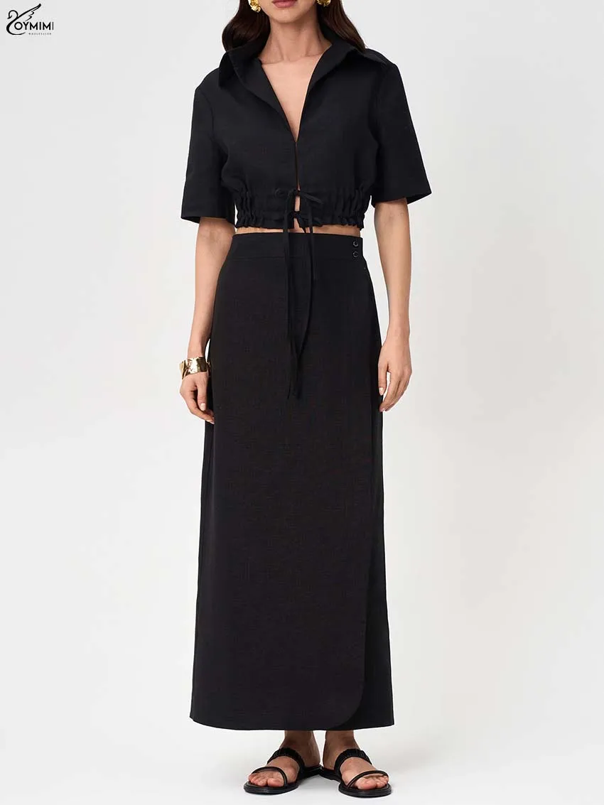 

Oymimi Fashion Black Cotton Woman 2 Piece Set Outfit Elegant Half Sleeve Lace-Up Crop Shirts And Button Straight Skirts Sets