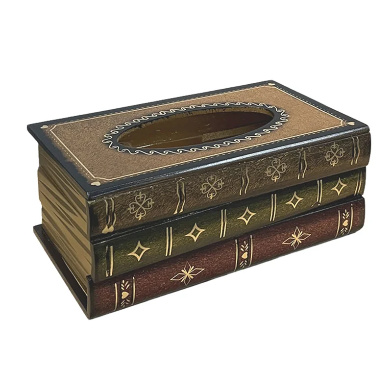 

B07A-Винтажный сложенный дизайн книг, держатель для коробки для салфеток из цельного дерева, прямоугольный, с легкой заправкой на петлях, желтый, около 25,5X14,5X10