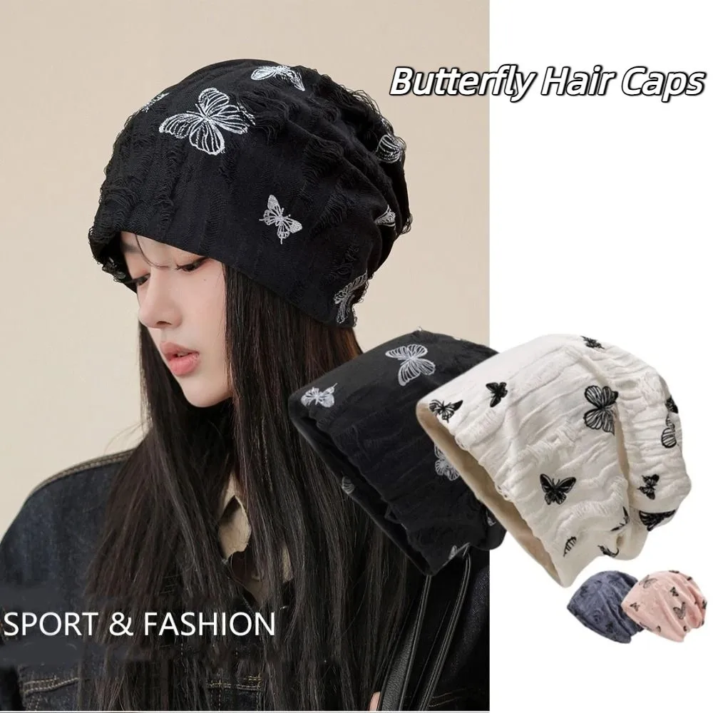 

Soft Holes Butterfly Print Beanies Korean Style Thin Knitted Hat Warm High Quality Pullover Hat Streetwear