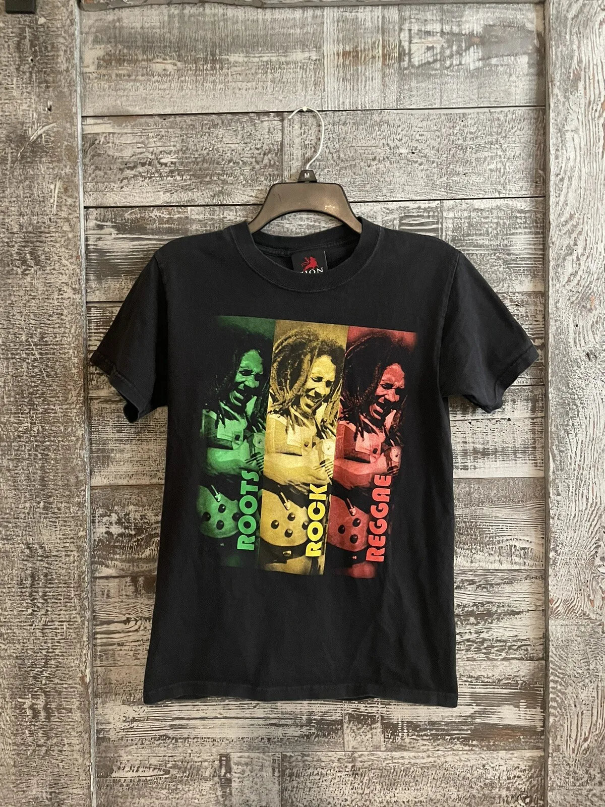 ZION Rootswear Bob Marley Roots Rock Reggae camiseta negra para hombre SZ S GUC