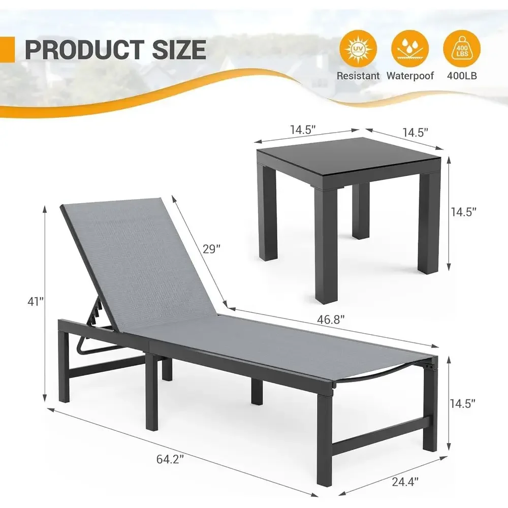 Outdoor Adjustable 5-Position Reclining Pool Lounge Chair with Table for Patio, Beach, Yard