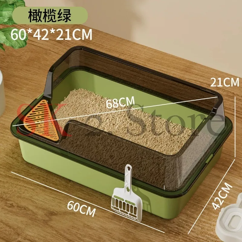 The semienclosed cat litter box is made of plastic and features a splash-proof design It is a large cat tray with a water basin