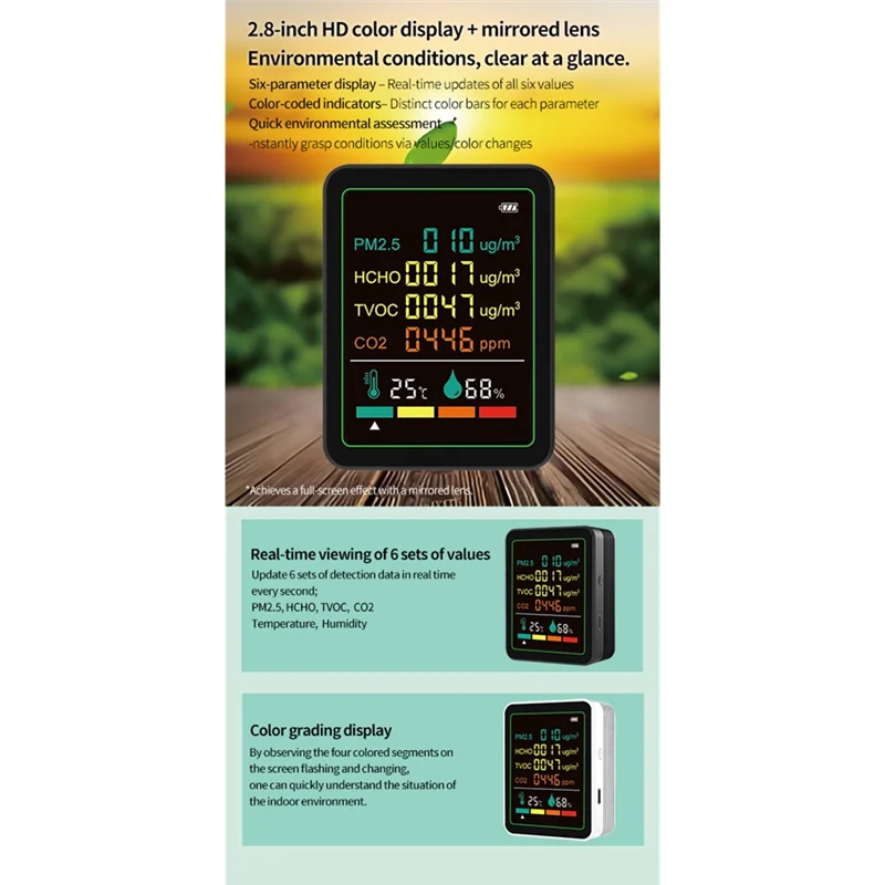 FORW-6In1 numérique moniteur de qualité de l'air détecteur formaldéhyde TVOC PM2.5/CO2 mètre température humidité testeur