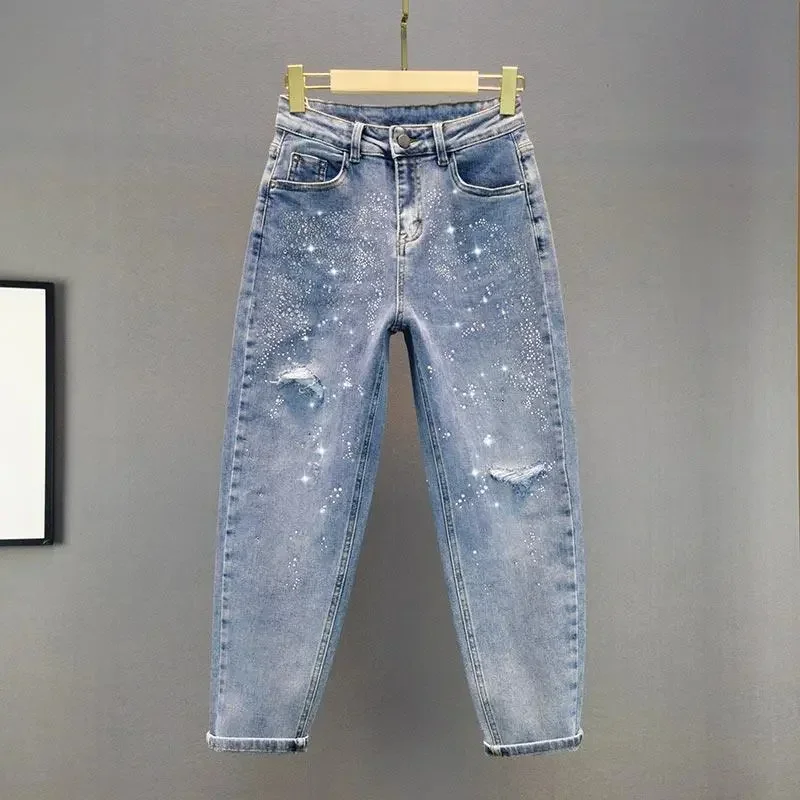 

Hot drilling Ripped Jeans Women's Fashion New High waisted Loose Washed Denim Harem Pants Female Casual Trousers XT999
