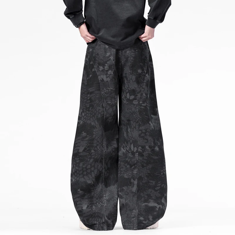 American Style Men's Denim Pants Camouflage Side Pocket Casual Streetwear Wide Leg Loose Male Curved-knife Spring Autumn Jeans