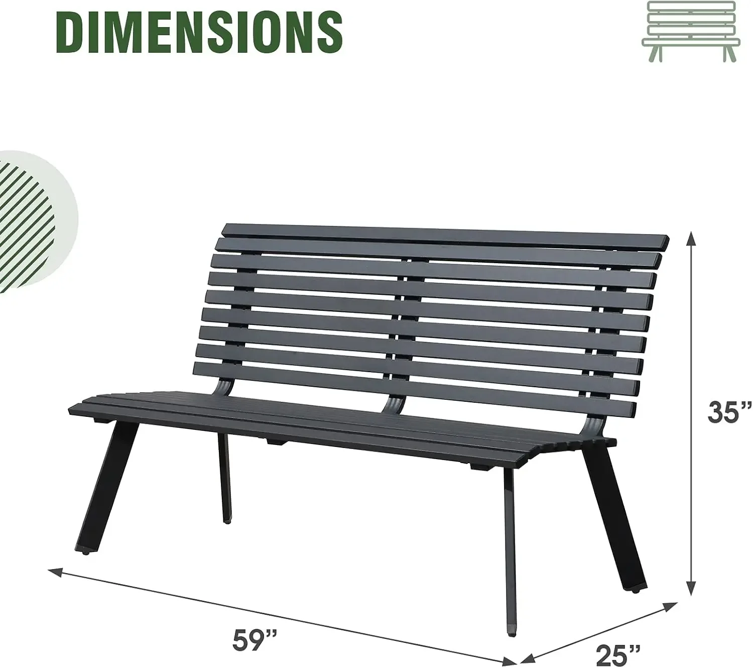 Soleil Jardin Outdoor Aluminum Garden Bench, Patio Porch Chair Furniture, Slatted Design w/Backrest, Dark Grey