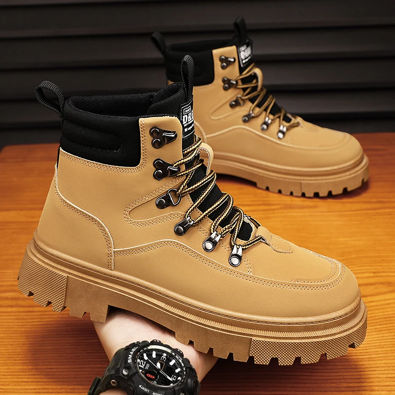 

Men High Top Boots Fashion Casual Leather Boot Lace-Up Ankle Boot Non Slip Hiking Boots for Men Motorcycle Booties Botas Hombre