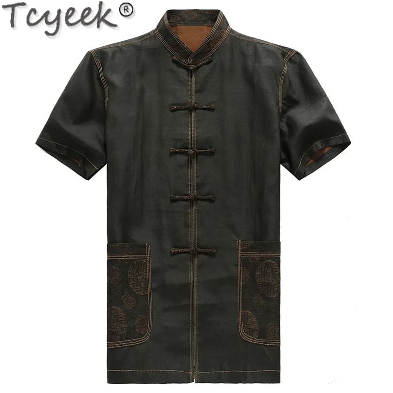 Tcyeek-camisa de manga curta estilo chinês para homens, 100% seda amoreira, seda real, blusa vintage, roupas de verão, 2024