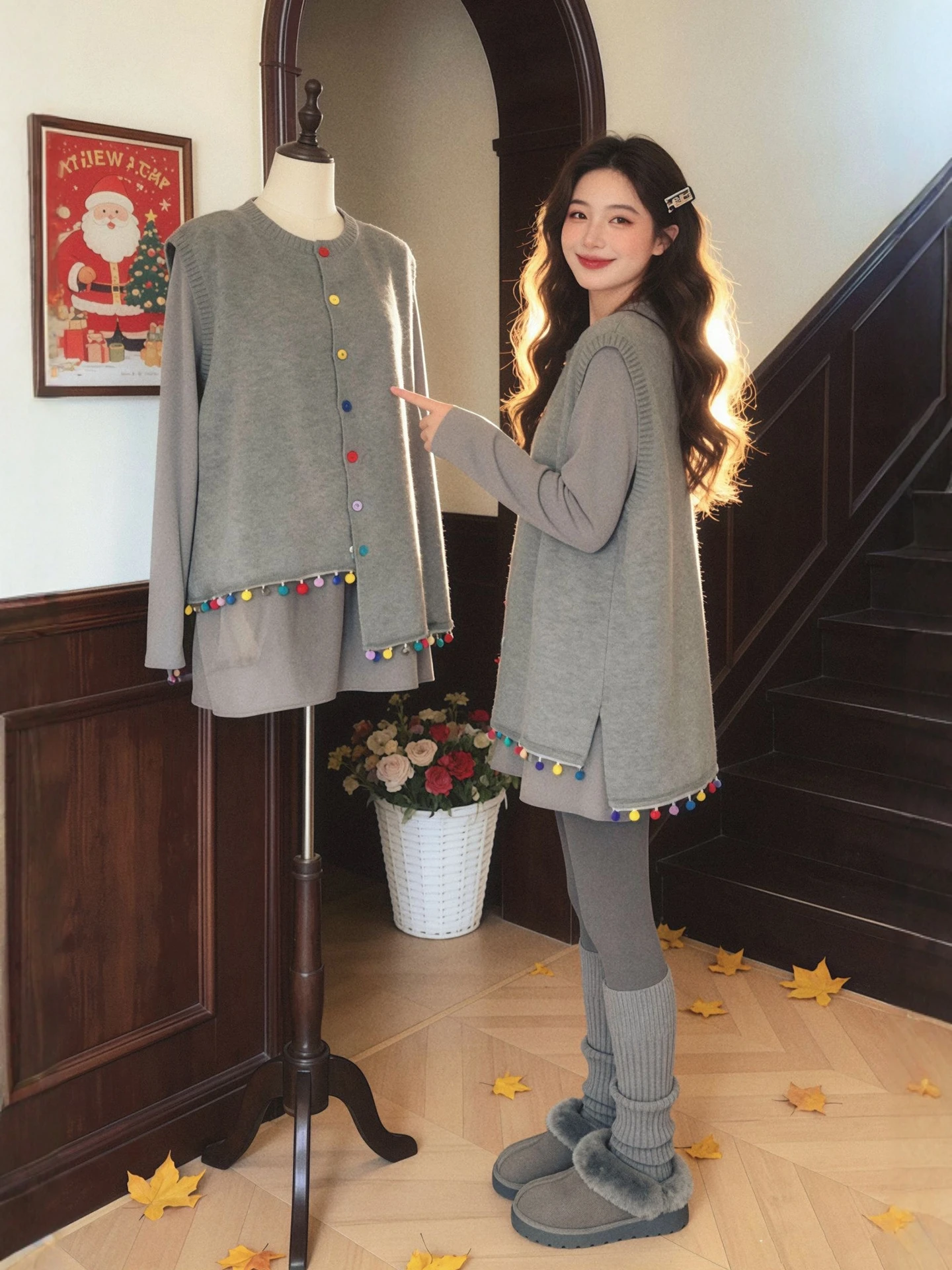 

Gray Knitted Mesh Dress Set for plus Size Women Autumn Winter Casual Style High Waist Long Sleeve Button up Fashionable Ensemble