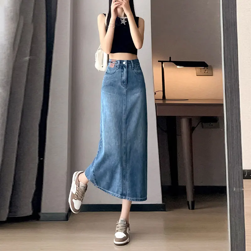 Korean Version of High Waist Slit Denim Skirt, Ladies Spring and Fall Retro Straight Leg A-line Half Body Long Denim Long Skirt