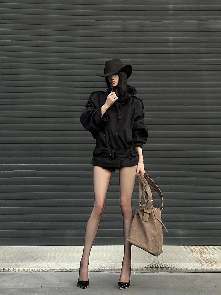 

XZY Sli ort Bla Coat for Plump Women Double Row Buttons Stand Collar Autumn Faion Outerwear Casual High Waist Design