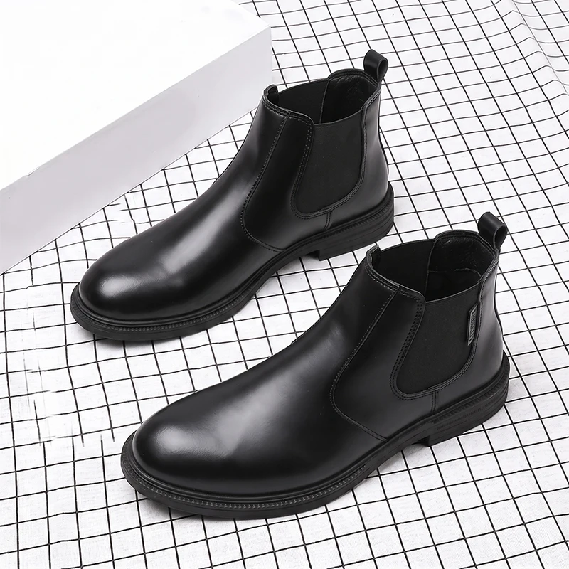 Herren Chelsea-Stiefeletten aus glattem PU-Leder, mit elastischem Bund, zum Hineinschlüpfen, niedrigem Absatz, modisch, für Business und Alltag, Herrenschuhe. – Detail 8