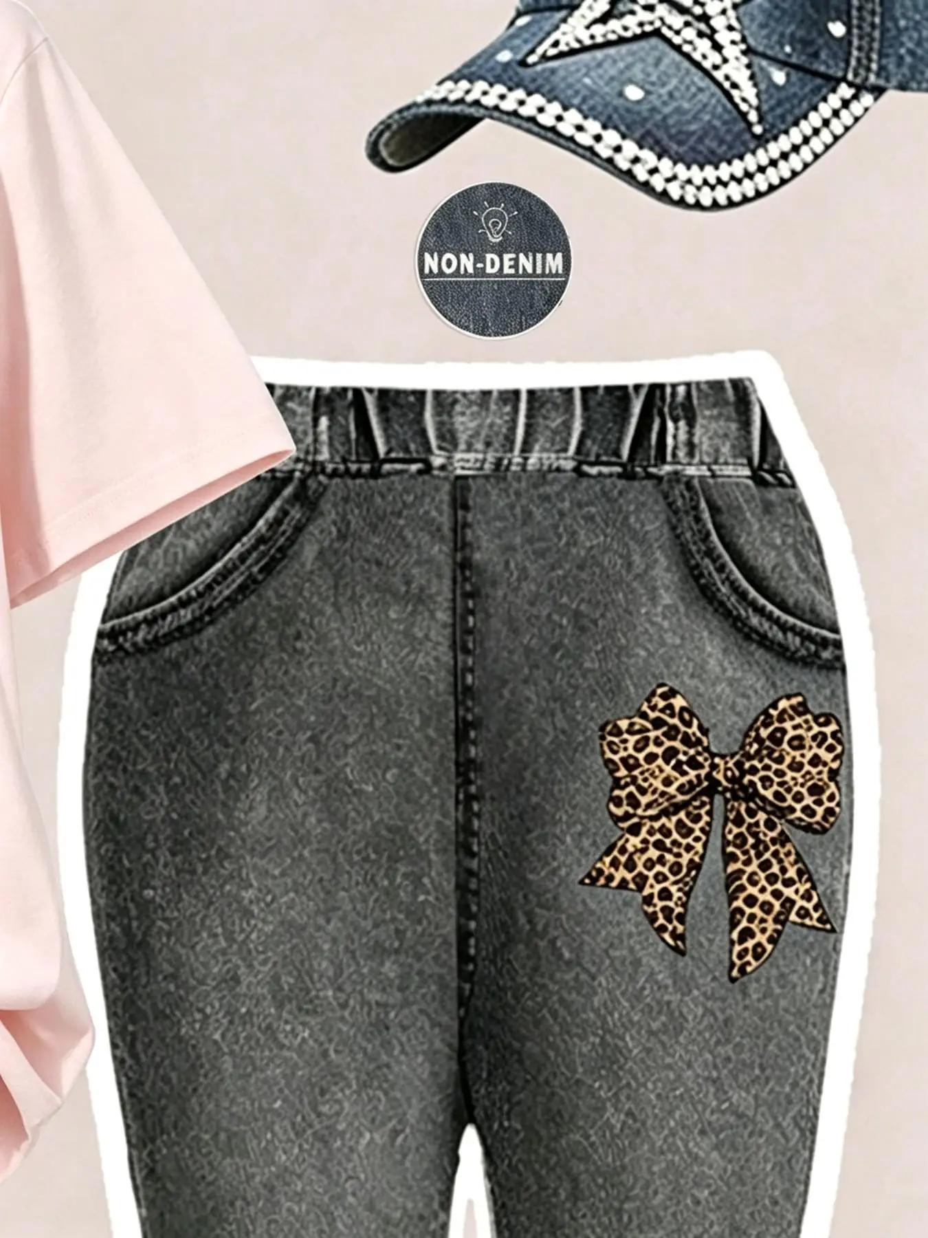 Sommer- und Herbst-Freizeitoutfit für Mädchen: Leopardenmuster-Schleifen-T-Shirt in Rosa mit kurzen Ärmeln + Digital-Print-Schlaghose, zweiteiliges Set, geeignet für Mädchen im Alter von 4-12 Jahren, vielseitige Kleidung für Ausflüge. – Detail 3