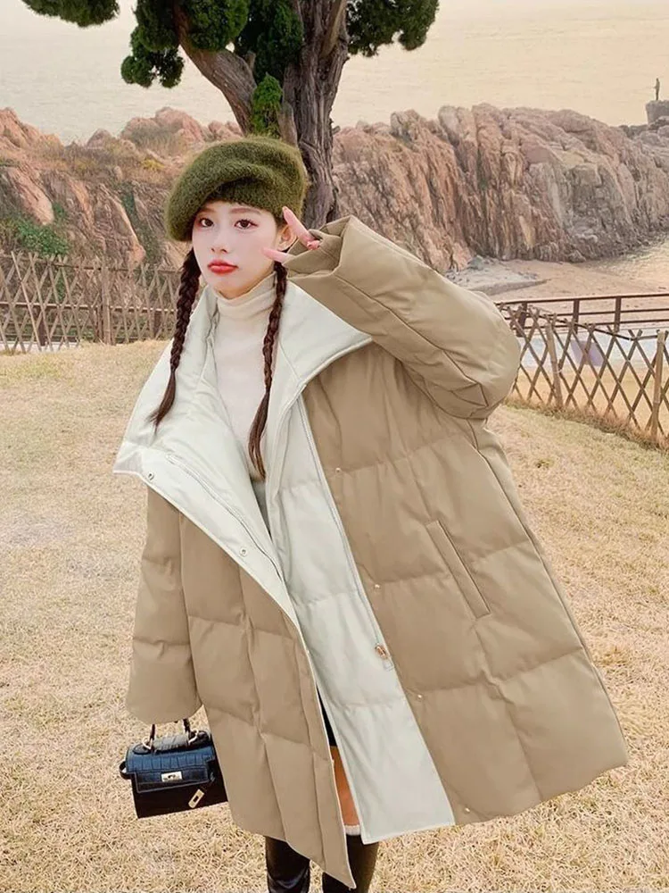 Avocadogrüne, modische Daunenjacke aus PU-Leder mit weißen Entendaunen für Damen, mittellang bis lang, Nischendesign, keine Waschjacke