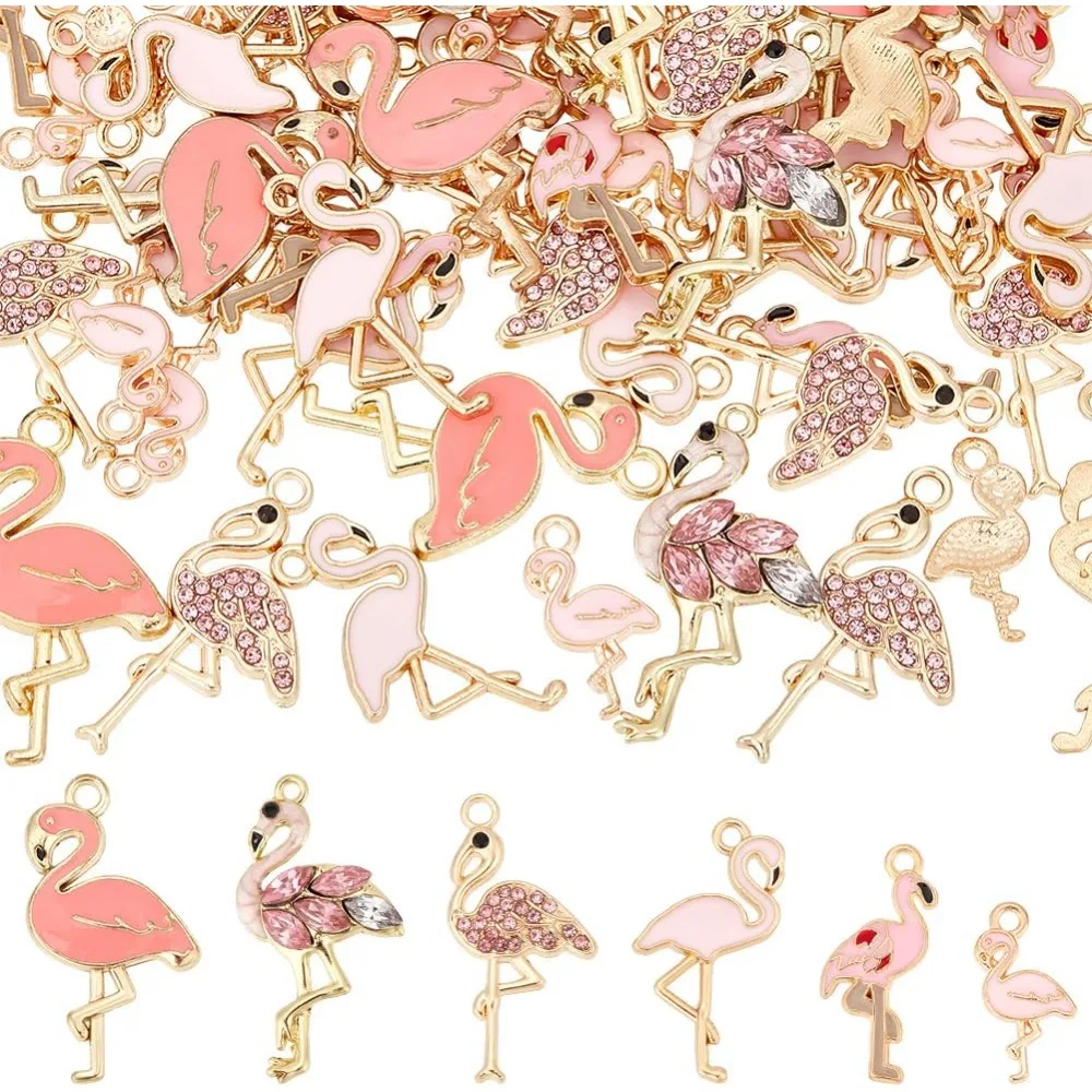 75pcs 6 Style Flamingo Charms, Flamingo Enamel Charms Gold Plated Colored Pendants Alloy Pendants Bird Pendant for DIY Craft