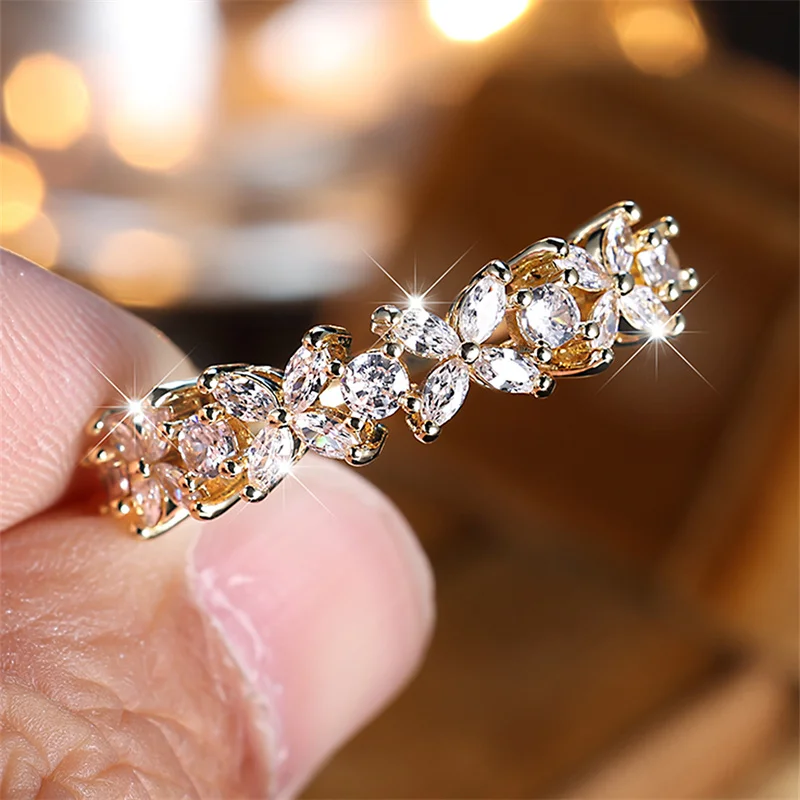 Charm Plant Star Flower Rings For Women Antique Gold Silver Color White Zircon Stacking Engagement Wedding Bands Party Jewelry