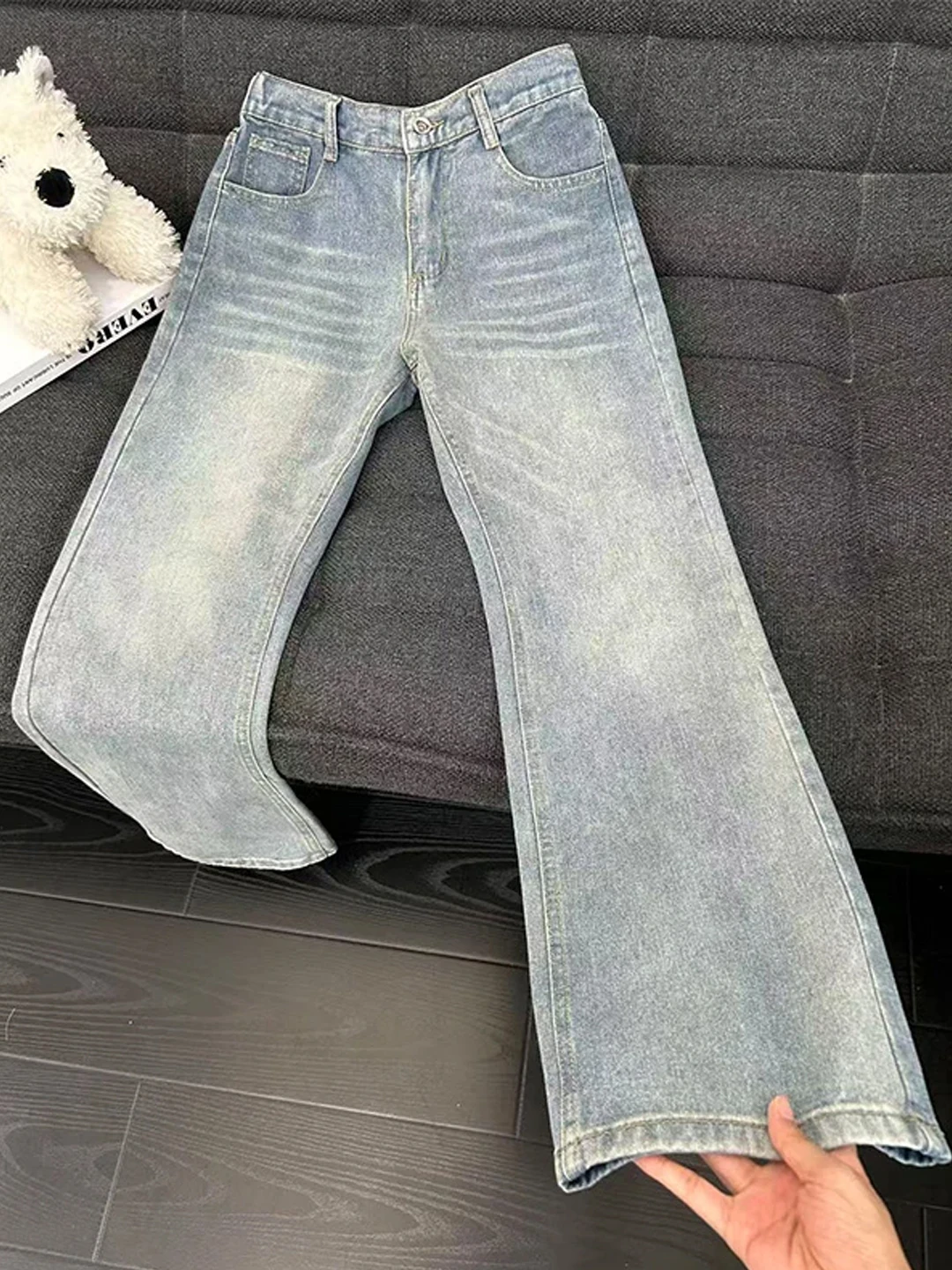 

Светло-голубые мужские джинсы с высокой талией, расклешенные, CleanFit, в стиле High Street, с эффектом удлинения ног, прямые, из денима