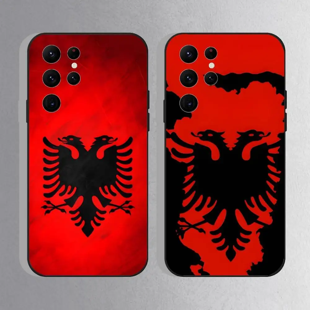 アルバニア国旗柄スマホケース Samsung S25、S24 Ultra、S20、S30 plus、S22 Plus、S23、Ultra 5G対応 シリコン製 ブラックシェル