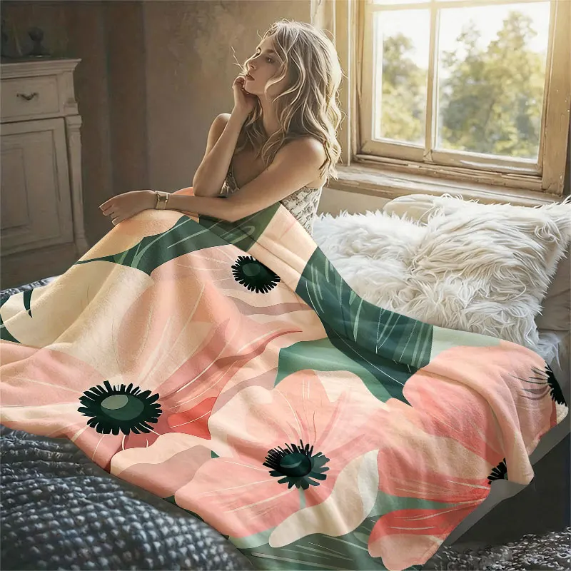 Peach Poppy Flower Print Flannel Blanket Warm Soft Halloween Christmas Decorative Couch Warm Cozy All-Season Gift