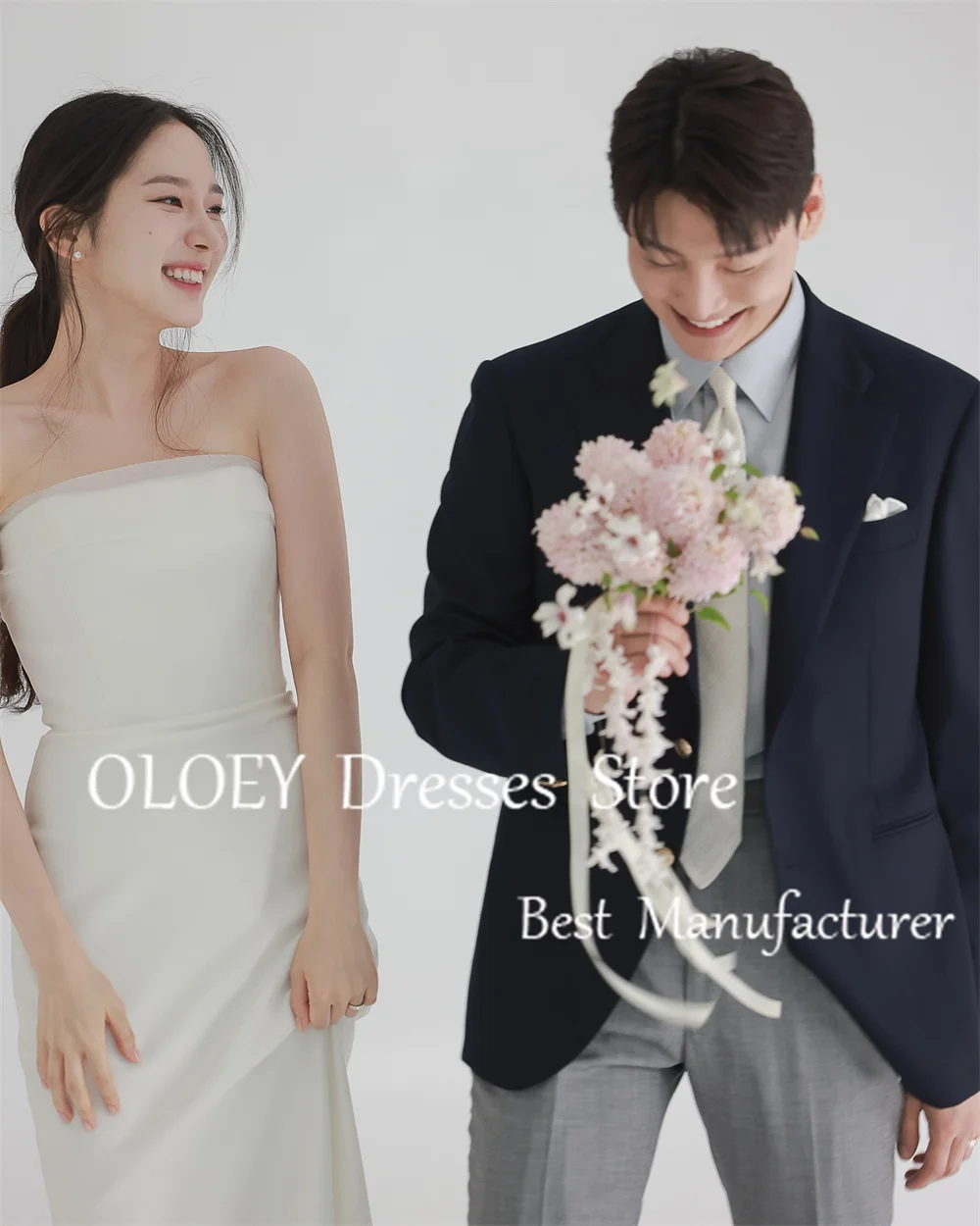 OLOEY vestido de novia de sirena de marfil sin tirantes, sencillo vestido de novia sin mangas para sesión de fotos de Corea, largo hasta el suelo, hecho a medida