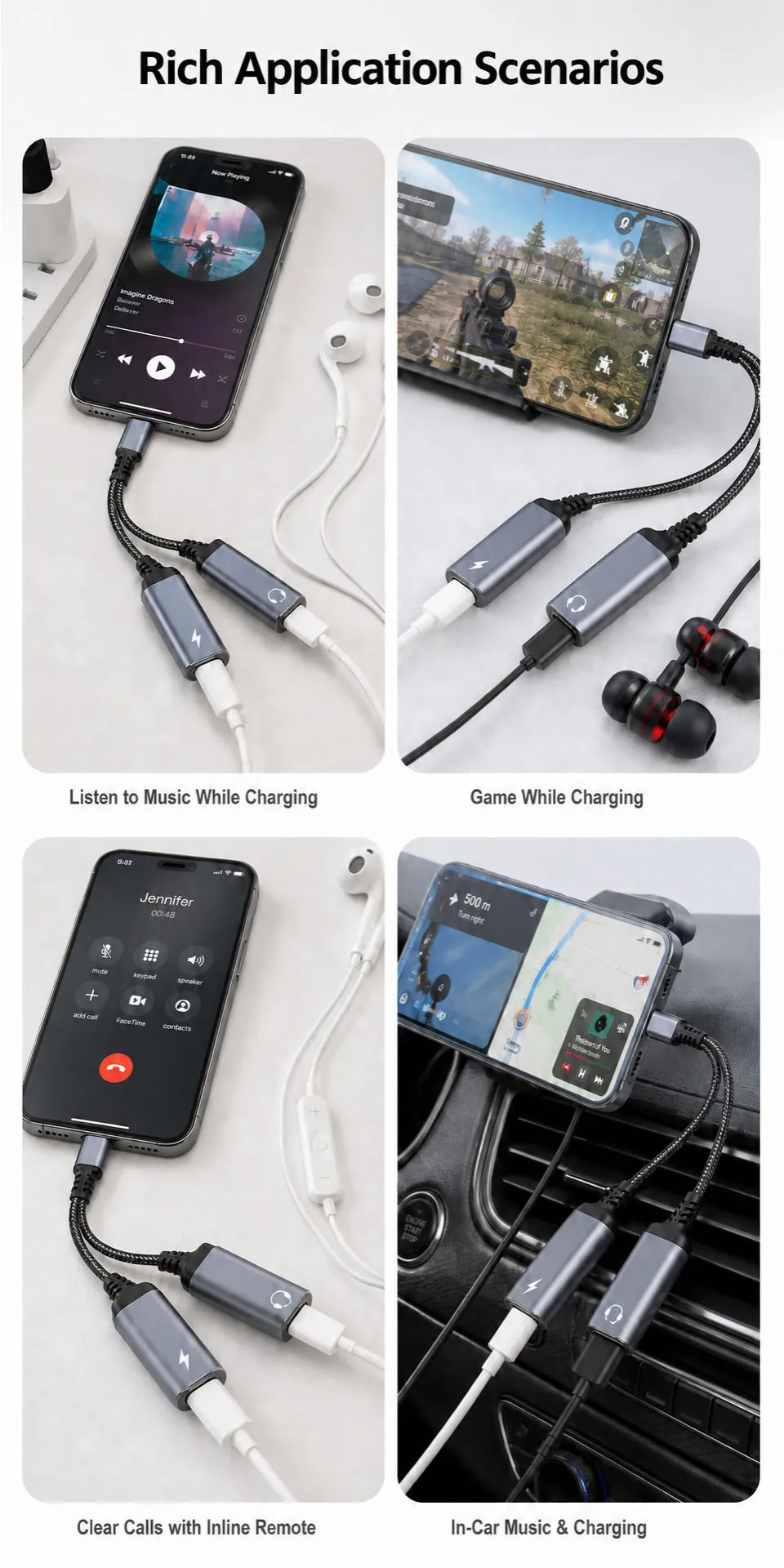 2 in 1 USB C Headphone And Charger Adapter Type C Dual Port Aux Audio Cable Fast Charging For iPhone 17 Samsung Phone Splitter