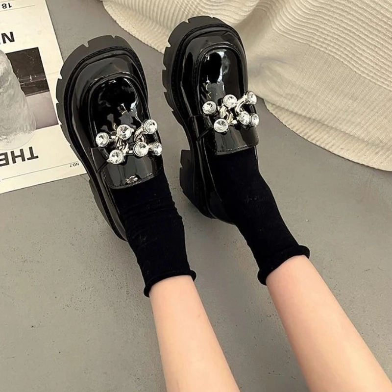 

2025 New Women British Style Loafers Rhinestone Decorated Thick Sole Mary Jane Shoes for Spring Autumn