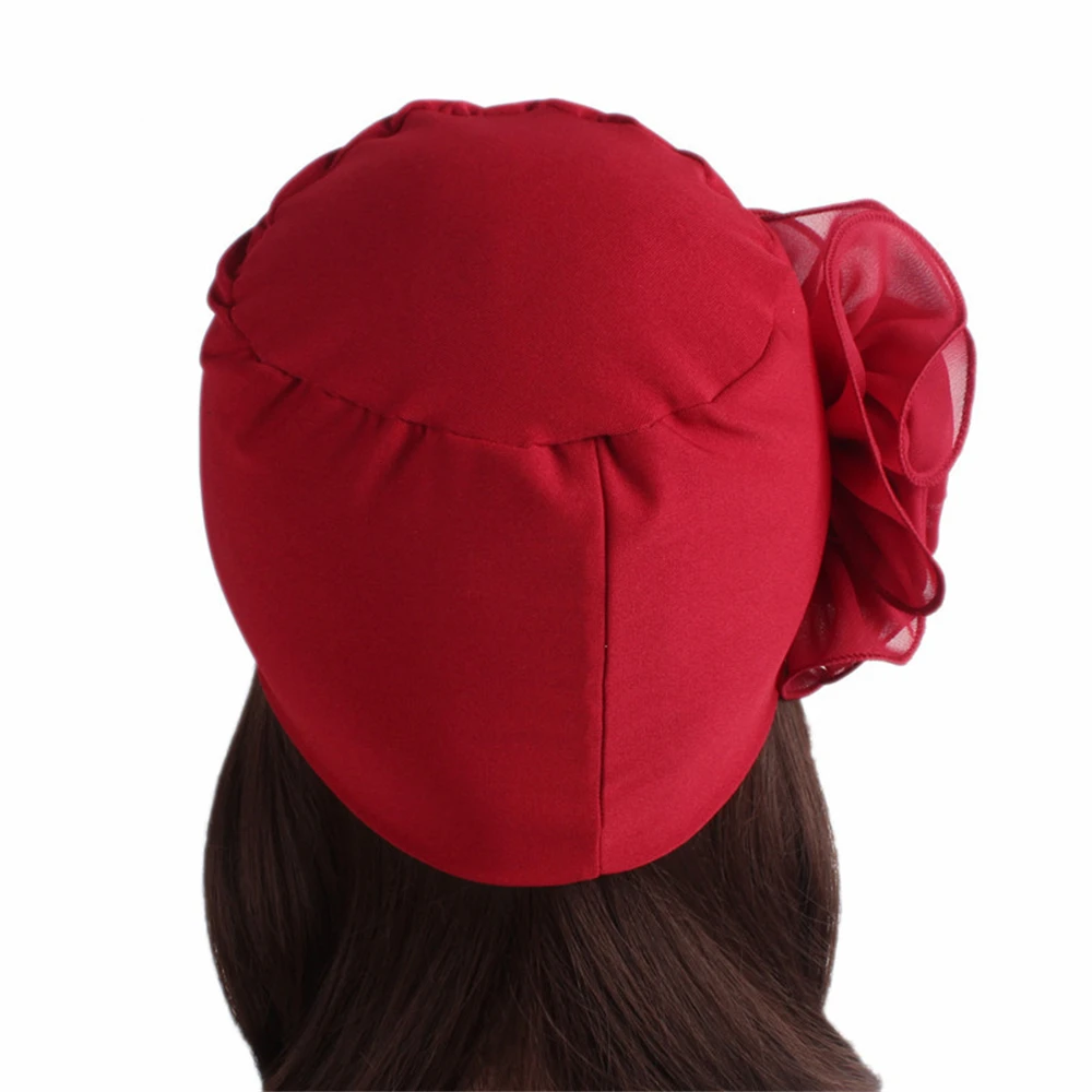 1pcs Woman Big Flower Elastic Turban Accessories Chemo Beanie Ladies Muslim Solid Hair Loss Scarf Cap Black Red