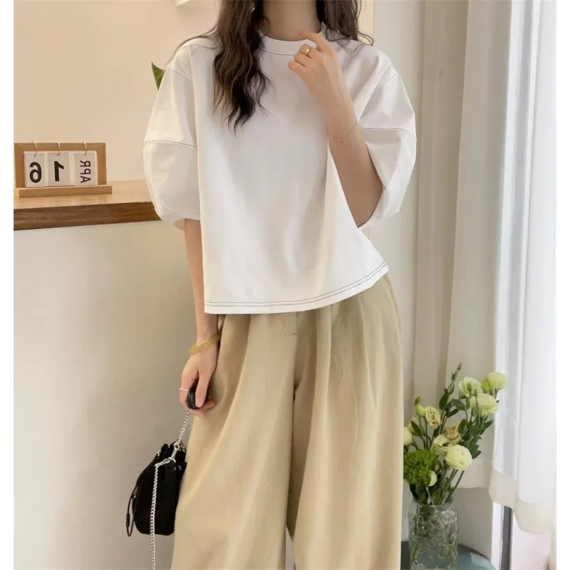 Camiseta de manga corta de algodón puro con cuello redondo y manga abombada, estilo holgado y perezoso, novedad de verano