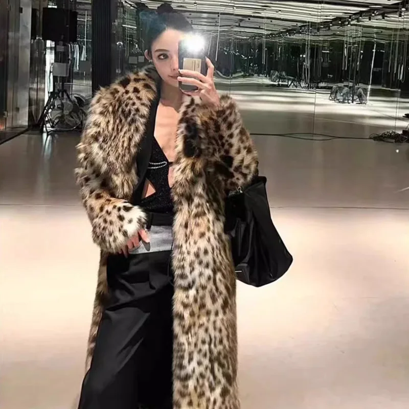 Luxury Vintage Harajuku Leopard Print Long Faux Fur Coat Women's Warm Winter Fur Trench Coat Thick Lapel Trendy Long Jacket Chic