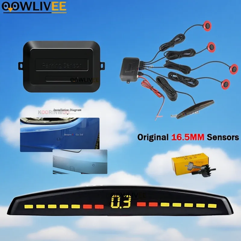 

OOWLIVEE Универсальный двойной Daul Parkronic светодиодный автомобильный экран, датчик парковки 13 мм, плоские датчики, черный, белый цвет, радар, 4 аксессуара для парковки