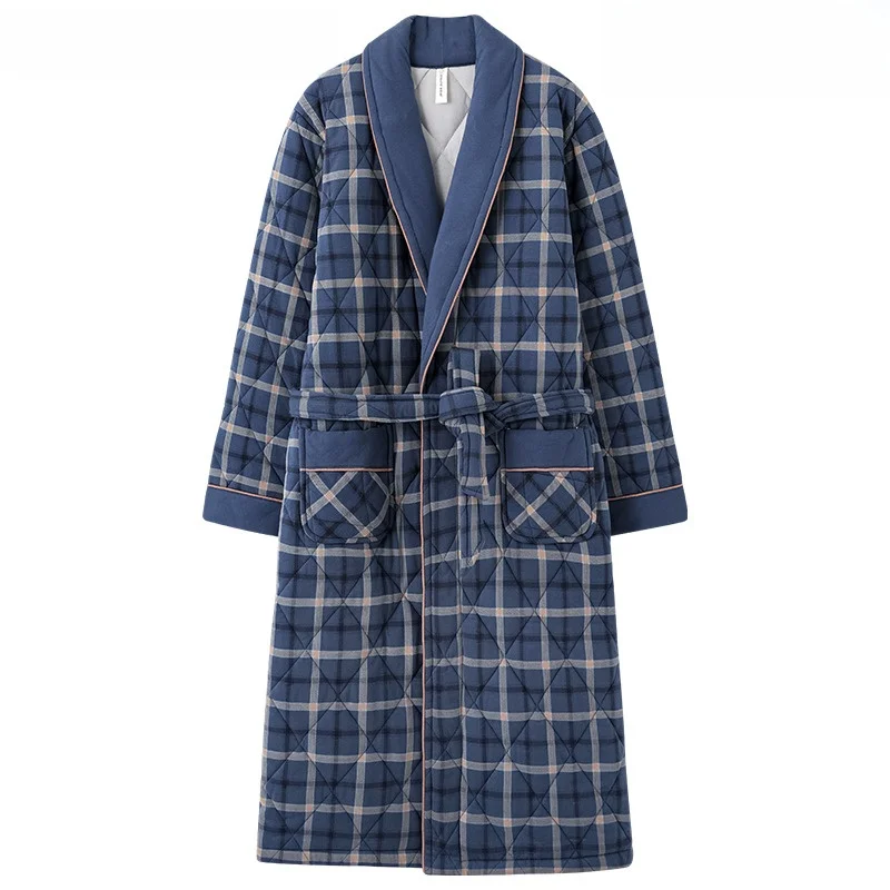 

Men's Thiened Pure Cotton Winter Pajamas Long Spwear Batobe In-Sto Winter Warm Home Clothes Full-Sve Gown