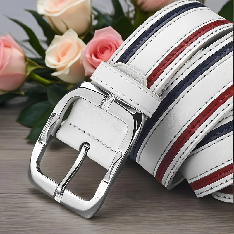 White PU Men's Belt with Red and Blue Striped Design, Adjustable Silver Slide Buckle, Perfect for Casual Jeans, Smart Casual & B