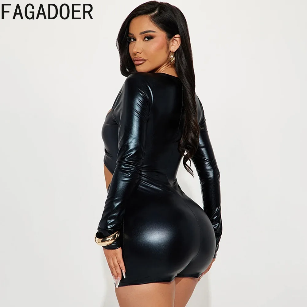 FAGADOER Mode Leder Bodycon Strampler für Frau Einfarbig Hohl-out Lange Ärmel Strampler Weibliche Streetwear Overalls 2025