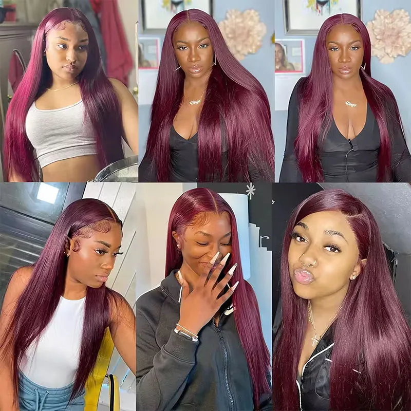 Peluca de pelo liso rojo oscuro 99J, peluca con malla frontal transparente 13x4, peluca de cabello humano 100% prearrancada de 180 de densidad para mujeres