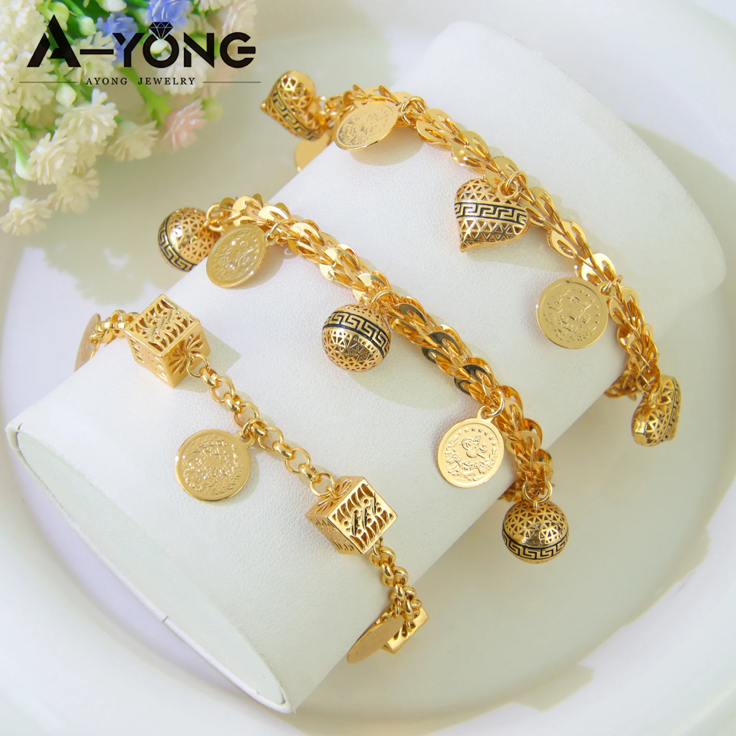 Arab Fashion Coins Bracelet 21k Gold Plated Turkish Chic Square Pendant Chains Dubai Muslim Women Wedding Party Gold Jewelry