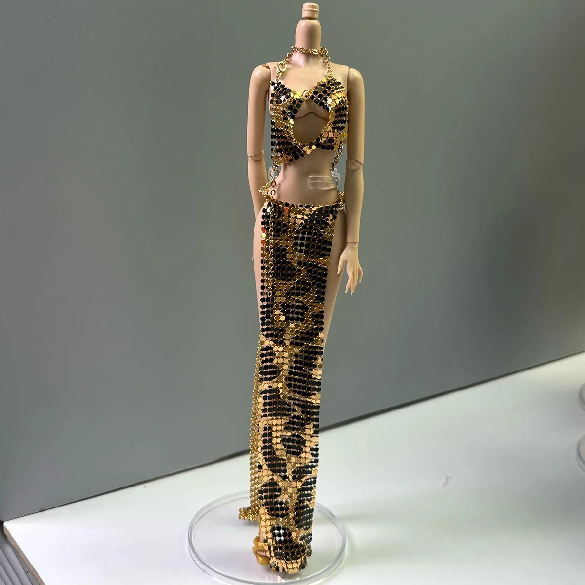 New Style Sun Goddess Sexy Leopard Print Metal Sequin Vest+Split Midi Skirt+Headwear Set For 1/6 Babi Supermodel Doll Clothes