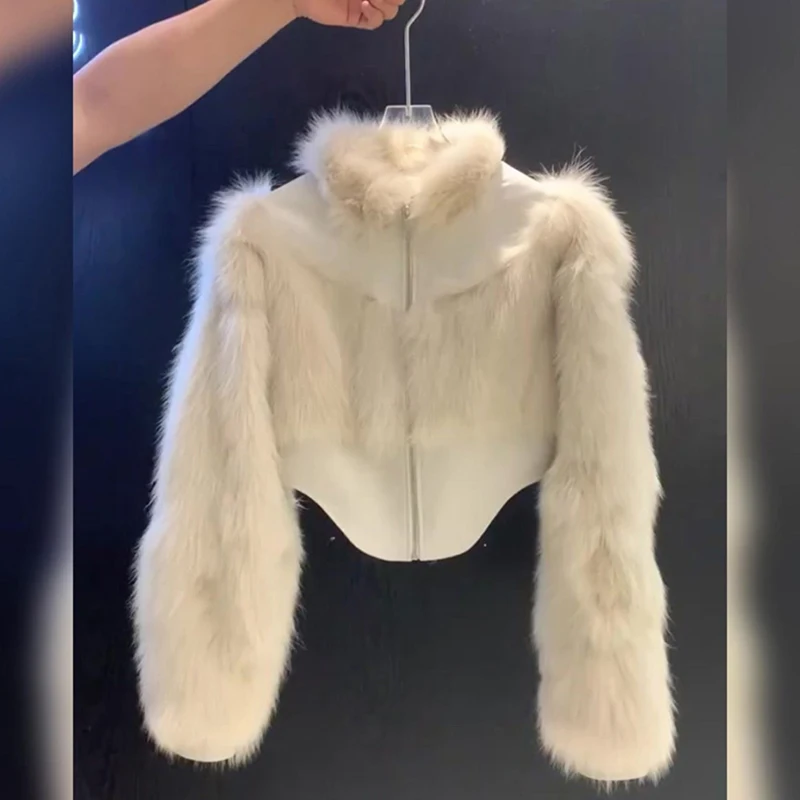ふわふわジャケット冬のレディース韓国長袖毛皮のようなアウターウェア新しいクロップドフェイクファーコート女性ファッションエレガントなパッチワーク