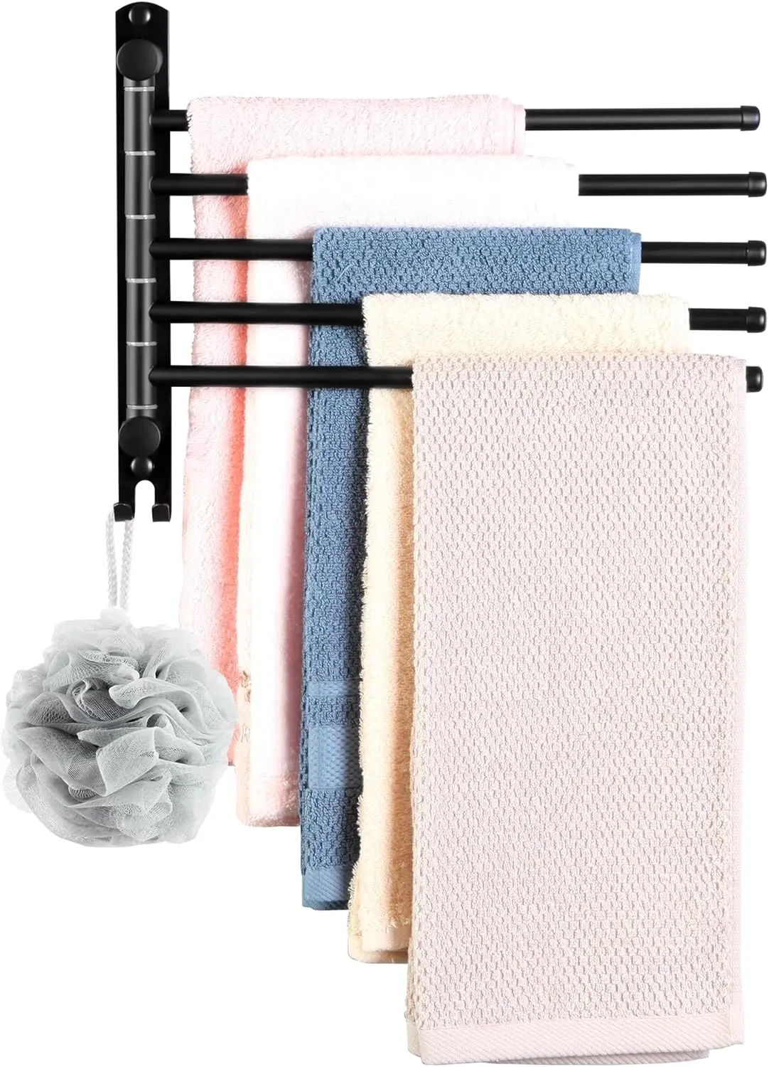 

Поворотная вешалка для полотенец, 12,6 дюйма, 180° ° Вращающаяся стойка с 5 кронштейнами из нержавеющей стали SUS 304 для кухни, ванной комнаты, улицы, матовый черный цвет